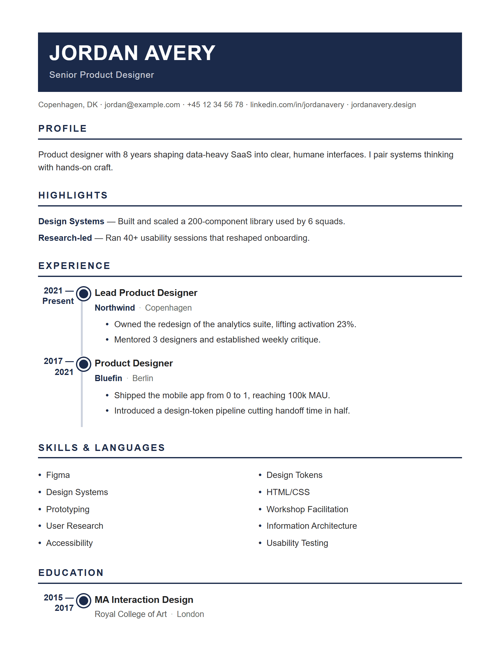 Vertical Timeline CV template preview